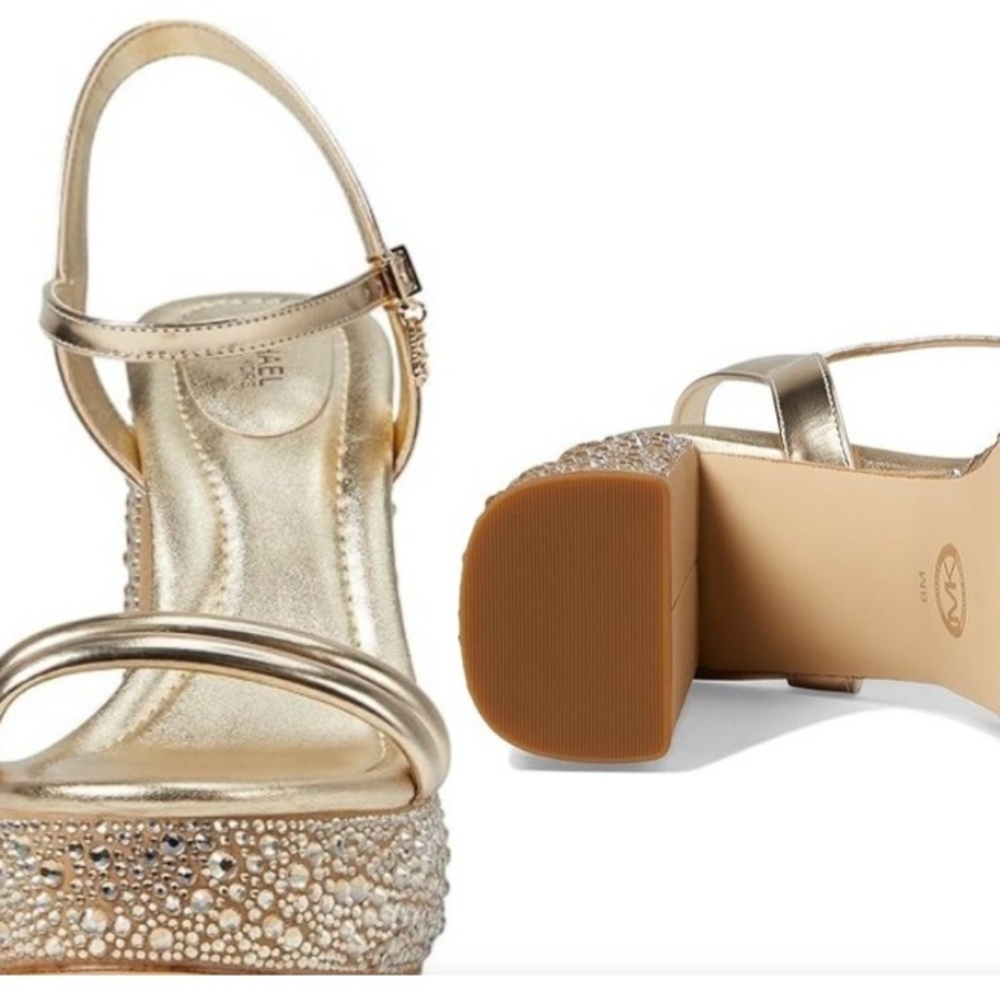 NEW Michael Kors Laci Gold crystal platform leather sandals Size 9.5 - Picture 6 of 16